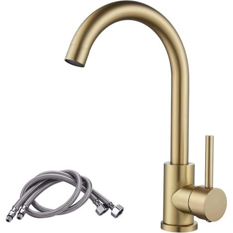 Bathroom Faucet, 360° Swivel Basin Faucet, High Spout Basin Mixer Tap, Faucet for Bathroom or Small Kitchen, Brushed Gold