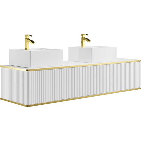 Mobile bagno sospeso con scanalature con profilo dorato 2 cassetti con doppio lavabo d'appoggio quadrato - Bianco - 150 cm - KELIZA