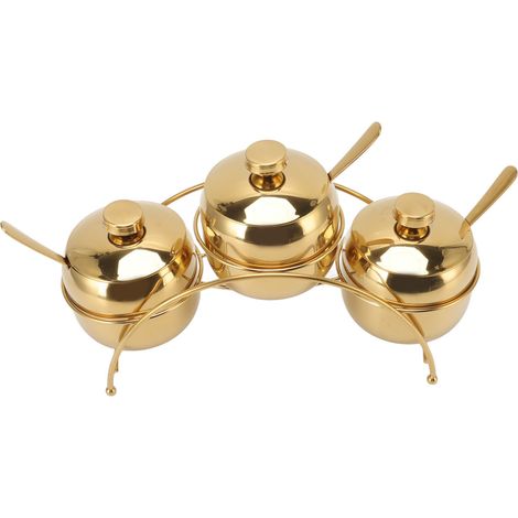 Ensemble de pots à épices en acier inoxydable : sel, poivre et sucre, avec couvercle et cuillère. Flacons à épices avec support de rangement, couleur or. (1/5)