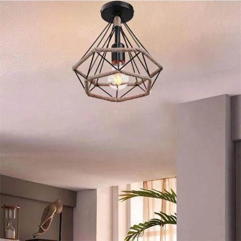 U-Do Plafonnier forme Diamant Lampe de Plafonde Luminaire en Corde de Chanvre en Métal design Vintage pour Salon Couloir (1/4)
