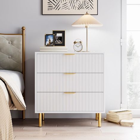 Commode 3 Tiroirs avec Façades Cannelées et Poignées Dorées, Meuble de Rangement Moderne, Blanc (1/5)