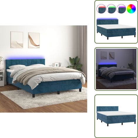 Letto con luci LED - vidaXL Letto a Molle con Materasso e LED Blu Scuro 140x200 cm - Letto con testiera regolabile