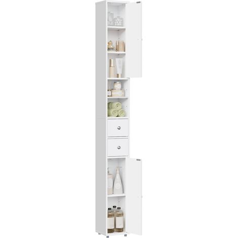 Colonne de salle de bain 20×180×20 cm – MDF – Meuble de rangement étroit – Étagères réglables – Blanc (1/5)