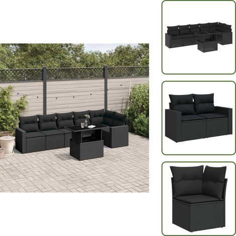 Salon de jardin 7 pcs avec coussins noir résine tressée - Ensemble Salon De Jardin - Meuble Extérieur - Jardin Design - Mobilier Résistant Aux Intempéries - Chaise Lounge (1/5)