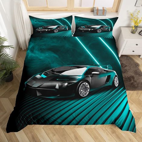 Housse de Couette Enfant 220x240 cm avec 2 Taies d'oreiller, Parure de Lit Ado Garçon Voiture de Course Noir, Sets de Housses de Couettes Voiture de Sport Extrême Couvre Lit Sarcelle (1/5)