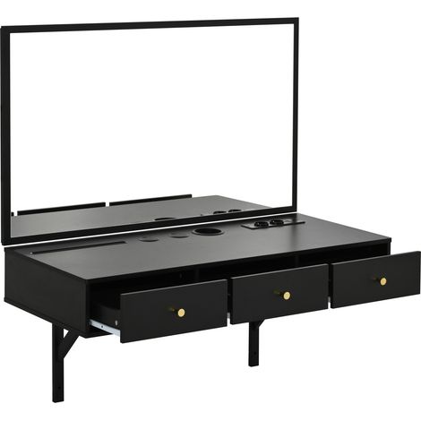 Coiffeuse suspendue noire 100×105×45 cm avec miroir, 3 tiroirs, prises et porte-gobelet (1/5)