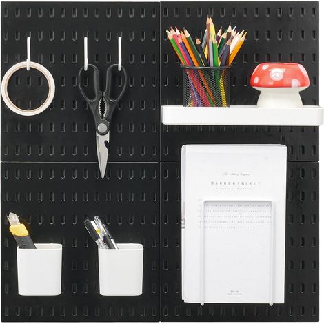 Kit Combiné Panneau Perforé 11x11", 4 Panneaux Plastique avec Accessoires, Rangement Mural pour Garage, Cuisine, Bureau, Salon, Atelier, Noir (1/5)