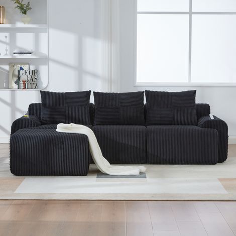Divano modulare 268/174/80 cm in velluto a coste nero con portabicchieri e tasca laterale (1/5)