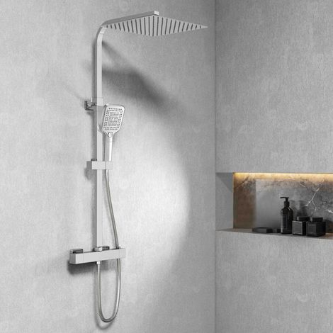 AICA Thermostat-Duschsystem in Chrom - 12 Zoll Edelstahl-Kopfbrause, 3 Strahlarten Handbrause, höhenverstellbare Duschsäule, Regendusche mit Anti-Verbrüh-Schutz