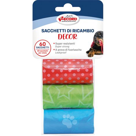 Ricariche sacchetti igienici fantasia per cani 3 rotoli da 20 sacchetti