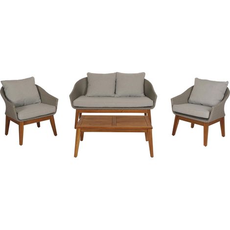 Gartengarnitur HHG-222, Garten-/Lounge-Set Sofa Sitzgruppe, Poly-Rattan Holz Akazie grau, Kissen hellgrau