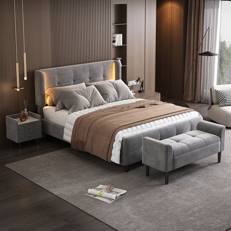 Conjunto de dormitorio completo, cama tapizada doble 140 x 200 cm con bandas luminosas + 1 mesilla + taburete de cama, gris (1/5)