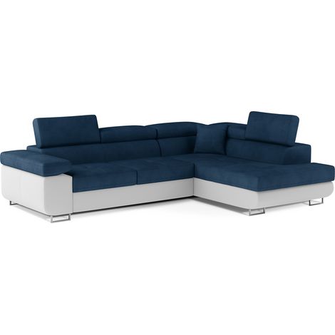 Canapé d'angle convertible simili cuir et tissu MARKA - Coffre et appuis-tête réglables angle droit-Blanc/Bleu foncé-angle droit (1/5)