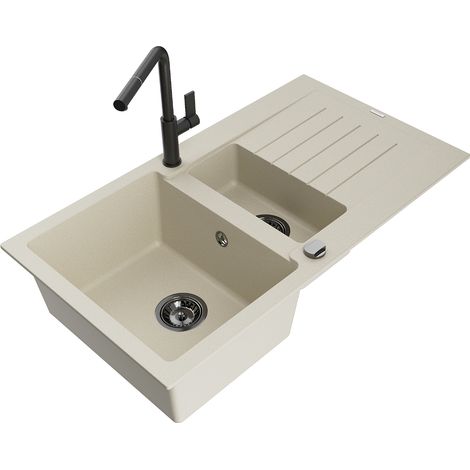 Mexen Matias évier en granit 1,5 bac avec égouttoir et robinet de cuisine Flora, beige - 6502-69-670401-70-B (1/5)