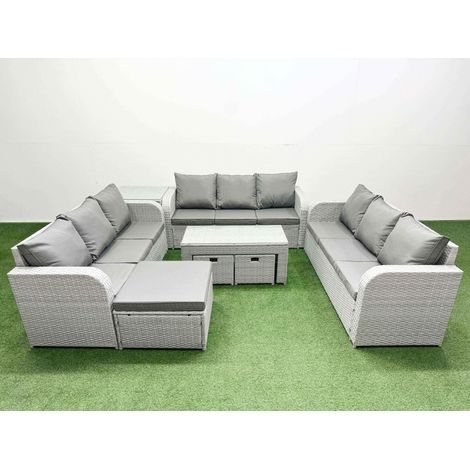 Fimous PE Rattan Lounge Sofa Set 12 Seater Outdoor Garden Furniture Set with Oblong Coffee Table 3 Seater Sofa 3 Stools Side Table Light Grey (1/4)