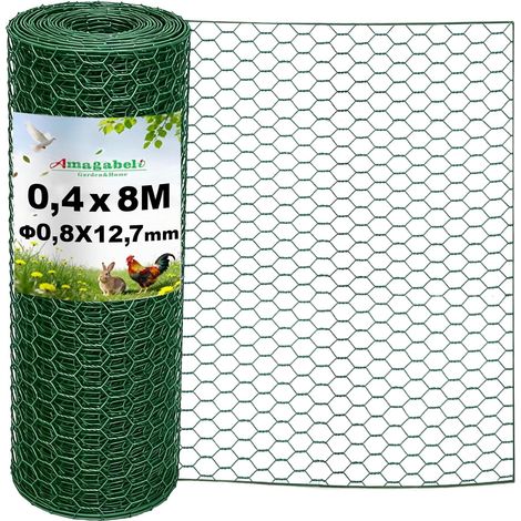 Chicken Wire Mesh PVC Green Sheath 0.4 x 8 m 12.7 mm Hexagonal Triple Twist Fence Durable Chicken Coop Garden Wire Mesh for Poultry Fencing, Weatherproof, Green (1/5)