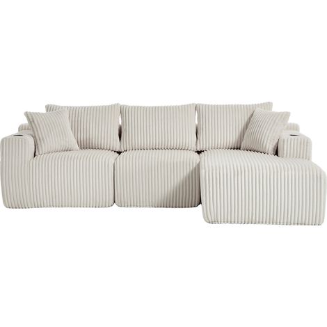 Canapé modulable avec chaise longue et 2 places en velours côtelé, incluant 5 coussins, poches latérales et porte-gobelets, mousse haute densité, idéal pour salon et appartement (1/5)