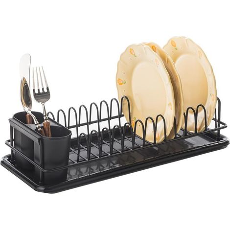 Geschirrabtropfgestell – Kompakt und platzsparend mit Besteckhalter, ideal für Arbeitsplatte oder Spüle mit Abtropfschale – Kapazität bis zu 12 Teller, 41 x 17 x 10 cm (Schwarz) (1/5)