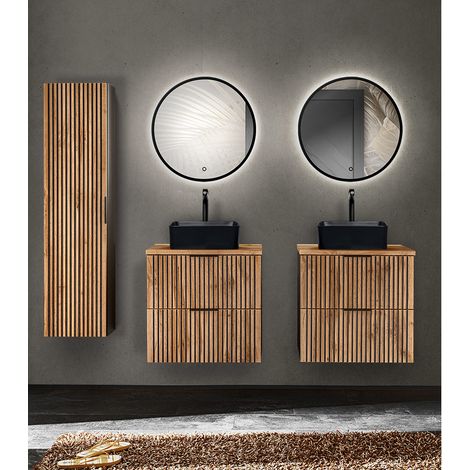 Badezimmer Set mit 2 Waschtischen, 1 Hochschrank XANTEN-56 in anthrazit mit Eiche Nb. schwarz gerillt, B/H/T: ca. 205/200/46,5 cm (1/5)