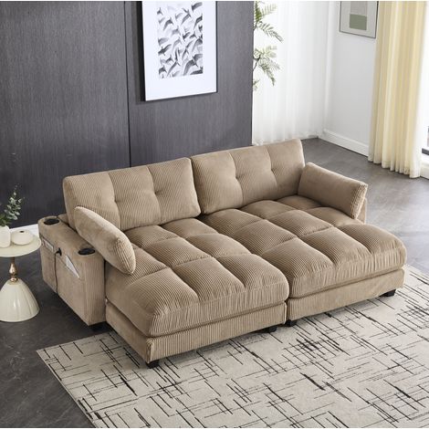 Divano chaise longue in velluto a coste color cachi, 2 posti, modulare, con USB (1/5)