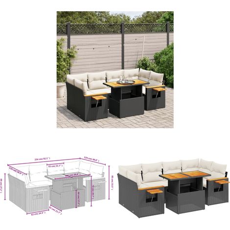 7-tlg. Garten-Sofagarnitur mit Kissen Schwarz Poly Rattan - Gartenmöbel Set - PE-Rattan Möbel - Outdoor Lounge - Gartenlounge - Balkonmöbel - Home & Living (1/3)