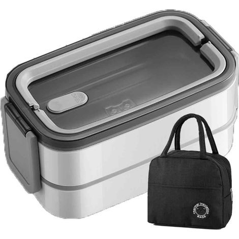 boîte à lunch isotherme,304Boîte à lunch portable blanche en acier inoxydable à 2 compartiments + sac à lunch (1/5)