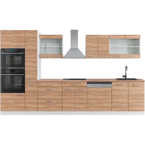 Küchenzeile R-Line, Sonoma/Weiß, 350 cm mit Hochschrank, AP Eiche, Vicco (1/5)