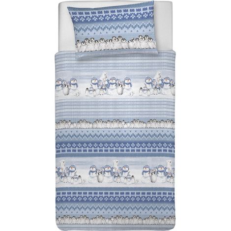Parure de lit Simple 100% Coton, avec Sac 155 x 200 cm et 1 taie d'oreiller 52 x 82 cm, fabriquée en Italie, Housse de Couette Lavable en Machine à 40 °, Motif Hiver Polaire Bleu (1/2)