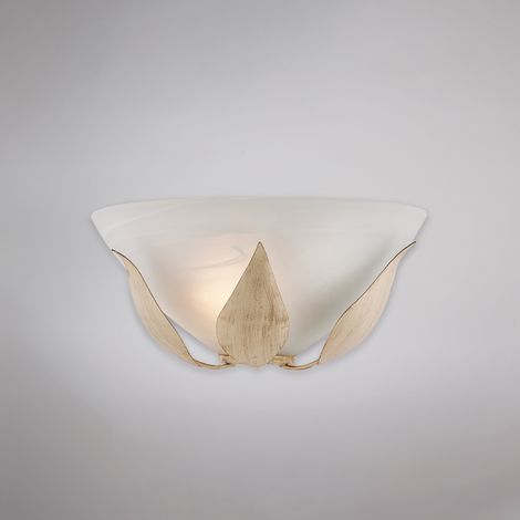 Applique in ferro laccato avorio con decorazione oro antico e diffusore in vetro diametro 30 alabastro bianco 1 luce H.14 - L.30 - P.15