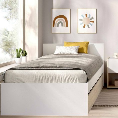 Dmora - Cama individual Ziolera, Sommier para dormitorio, Estructura de cama por habitación, Estructura del sostenedor del colchón, 96x195 h67 cm, Blanco y Roble (1/4)
