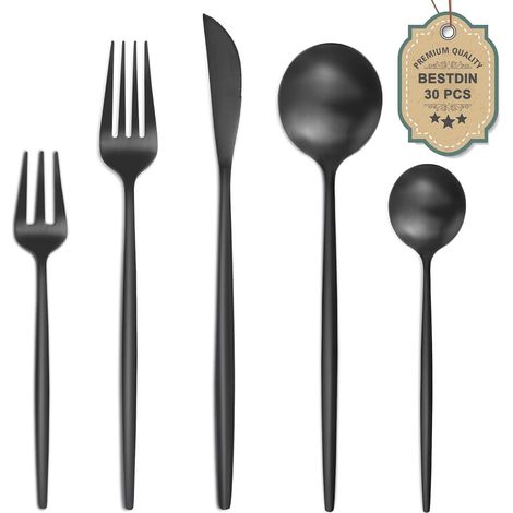couverts de table pour 6 personnes, 30 pièces noir mat en acier inoxydable (1/5)