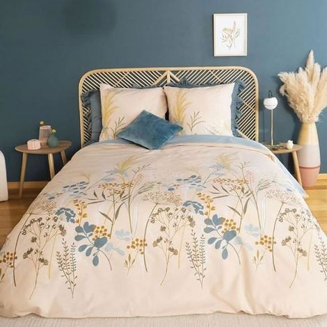 Parure de lit 220x240 cm Adulte - Housse de Couette + 2 Taies d'oreiller 63x63 cm Motif imprimé Floral Rose et Bleu –100% Coton