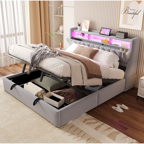 Letto Contenitore 180x200 cm con Rete Rialzabile in Tessuto Velluto Grigio Chiaro (1/5)