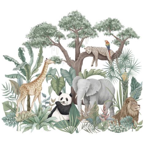 PA Cartoon-Dschungel-Tiere-Wandaufkleber, Elefant, Giraffe, Panda, Leopard, grüne Pflanzen, Tiere, Tapetenaufkleber für Kinder, abnehmbare DIY-Zoo-Kunst für Baby-Schlafzimmer, Wohnzimmer, Heimdek (1/4)