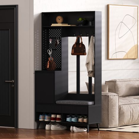 Porte-manteau d'entrée avec banc de rangement rembourré – Meuble à chaussures multifonction avec panneau perforé – Portant moderne à 4 crochets pour hall d'entrée ou buanderie (1/5)