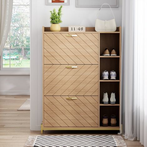 Zapatero de estilo nórdico - 90 x 24 x 119 cm - 3 puertas abatibles, estantes laterales y detalles dorados - Roble natural (1/5)