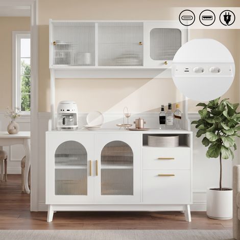 REDOM aparador alto 120x40x178 cm, almacenaje multinivel, enchufes con USB A y USB C, tablero de partículas blanco (1/5)