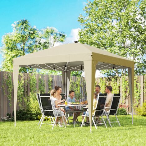 Tente pliante de jardin 3x3 m avec éclairage LED, tonnelle pop-up réglable en hauteur, télécommande incluse, sac de transport, couleur crème. (1/5)