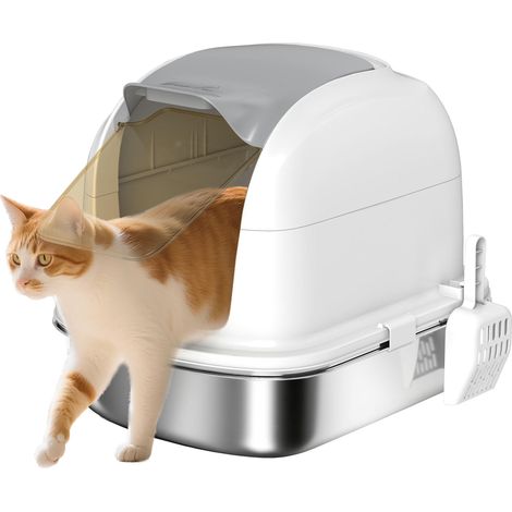 Bac à litière en acier inoxydable avec couvercle, bac de récupération et pelle à litière inclus, pour chats de moins de 5 kg, 52,4 x 41,3 x 42 cm, blanc