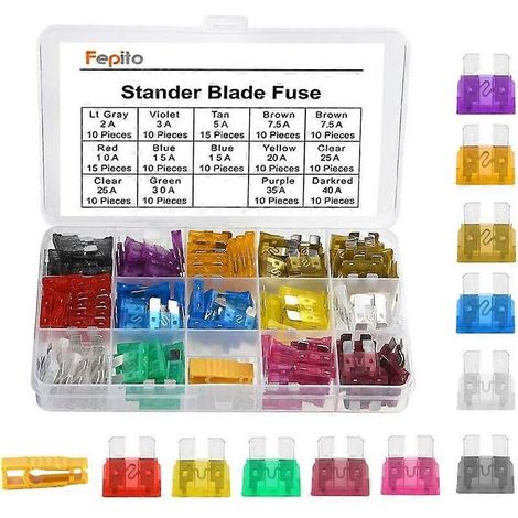 Assortiment de 150 fusibles automobiles standard à lames (2A, 3A, 5A, 7,5A, 10A, 15A, 20A, 25A, 30A, 35A, 40A) pour voitures. (1/5)