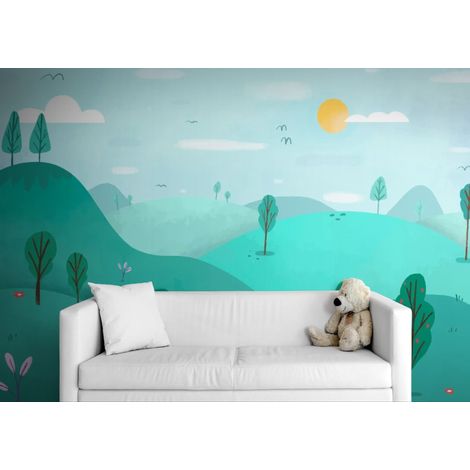 Papier peint Nature – Collines vertes vallonnées illustration douce - 150 x 250 cm (1/2)