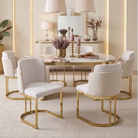 6er-Set Esszimmerstühle aus Chenille, Beige und Gold, OKMYHOME (1/5)