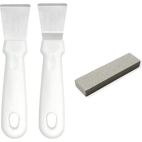 Lot de 2 grattoirs pour four, plaque de cuisson, plaque à induction, acier inoxydable avec manche en plastique, version droite + version courbée, blanc (version droite + version courbée) (1/5)
