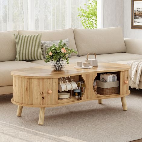 Couchtisch aus MDF in Natur-Holzoptik 108 cm, organische Form mit 2 Schiebetüren