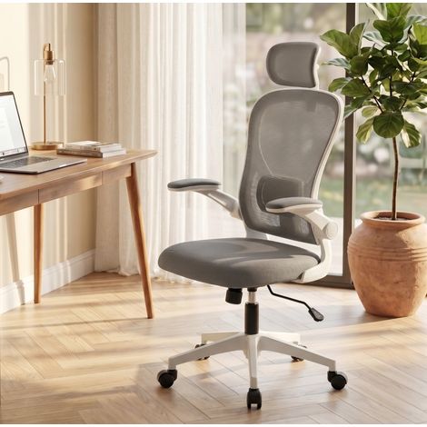 Grauer ergonomischer Bürostuhl mit Lordosenstütze und hochklappbaren Armlehnen OKMYHOME (1/5)