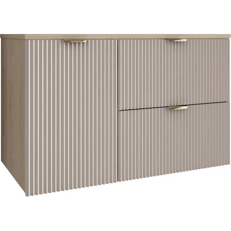 Mobile da bagno con frontale scanalato 100 cm (60+40) cesto portabiancheria, noce chiaro (MDF), frontale cashmere, con maniglia oro, 100 x 47 x 60 cm (1/5)