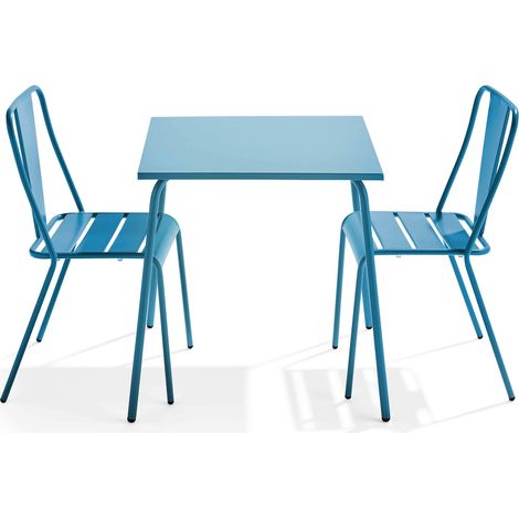 Ensemble table de jardin carrée et 2 chaises bistrot bleu pacific - Palavas (1/5)