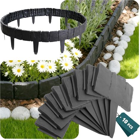 JSSEVN - 10-Piece Set of Durable PS Stone-Effect Garden Edging, Decorative Lawn Fence, Easy to Install for Paths, Lawns, and Flowerbeds, Grey (1/5)