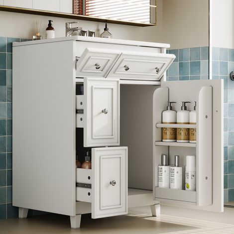 Meuble sous vasque avec vasque en céramique intégrée - meuble de salle de bain autoportant Blanc - moderne à tiroirs et porte, 61x47x87 cm (1/5)