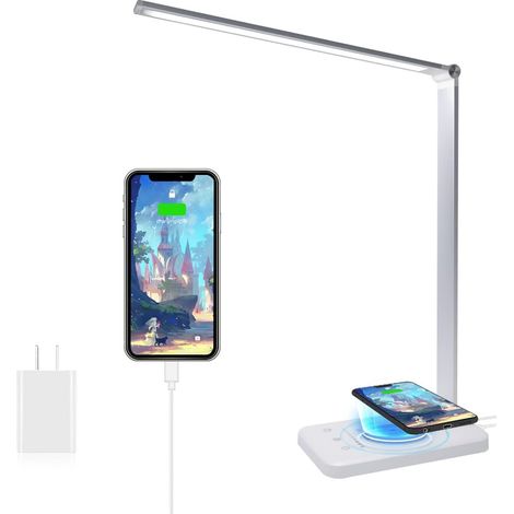 LED Desk Lamp with Wireless Charger, Dimmable Desk Lamps 10 Brightness Levels 5 Color Modes, Bedside Lamp with USB Port and Timer Function, Flexible Touch Control (1/5)